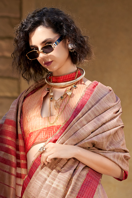 Handloom Katan Saree (Chiku)