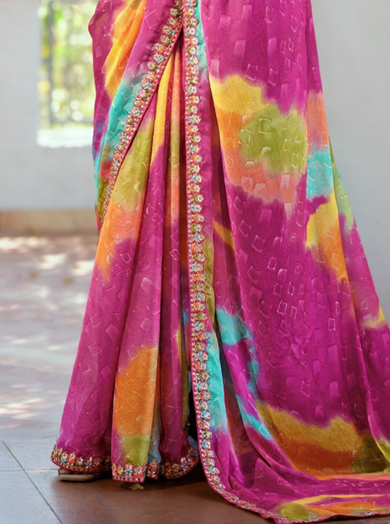 Georgette Weaving Pattern Digital Print Saree with Embroidered Border