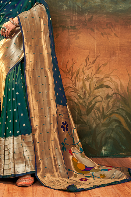 Pure Paithani Silk,Weaving Saree (Green)