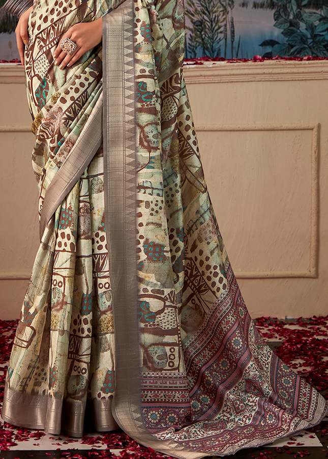 Geometric Print,Digital Saree (Cream & Grey)