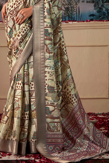 Geometric Print,Digital Saree (Cream & Grey)