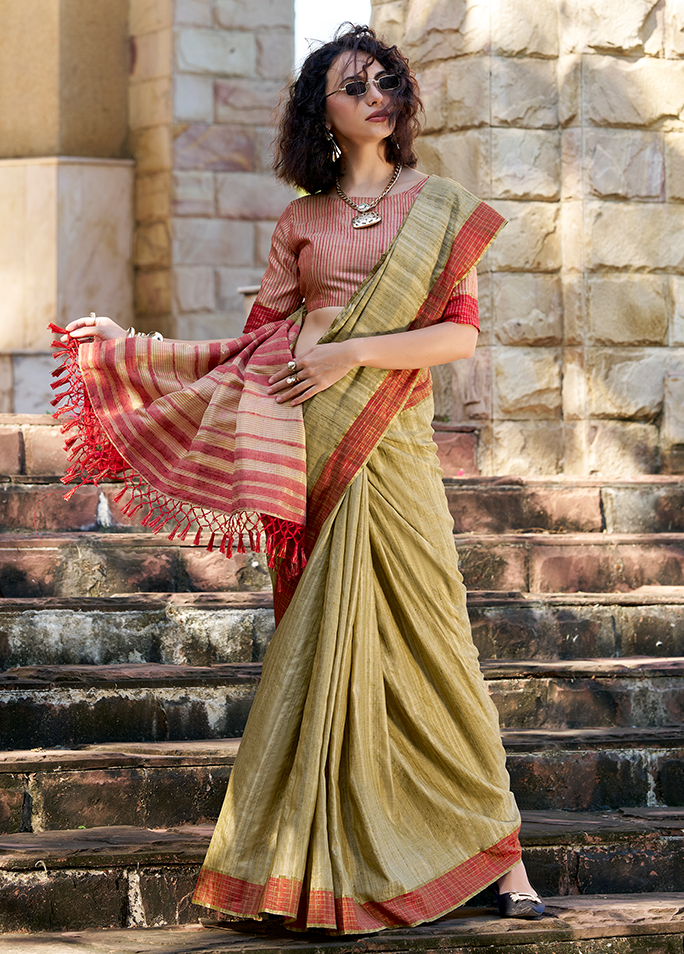 Handloom Katan Saree (Olive Green)