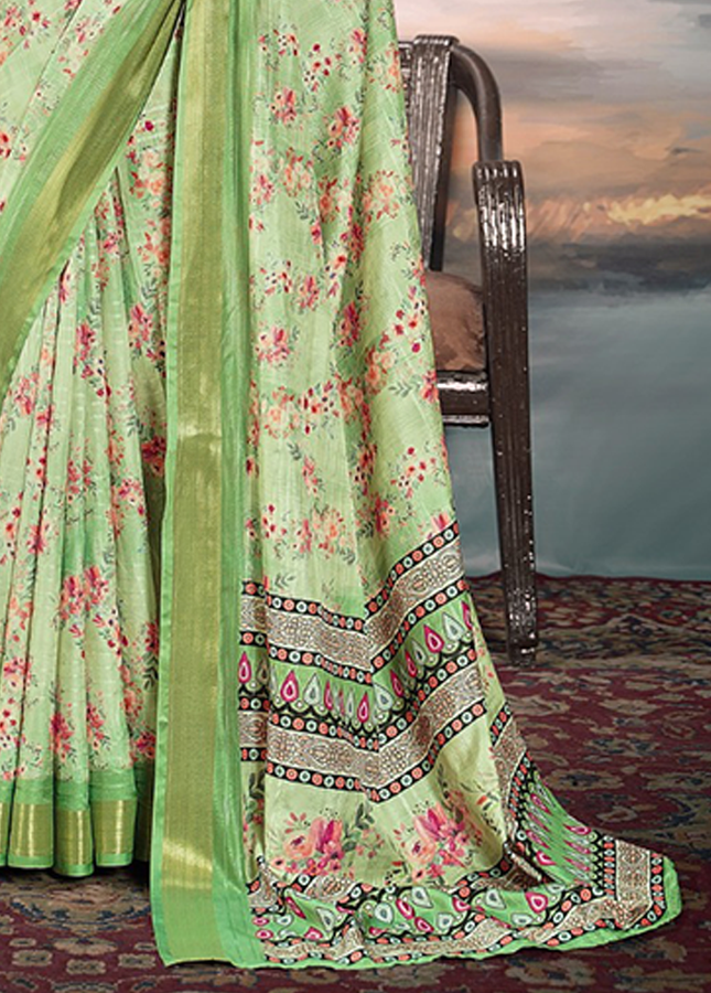 Pure Cotton Silk,Digital Print Organza Saree (Green)