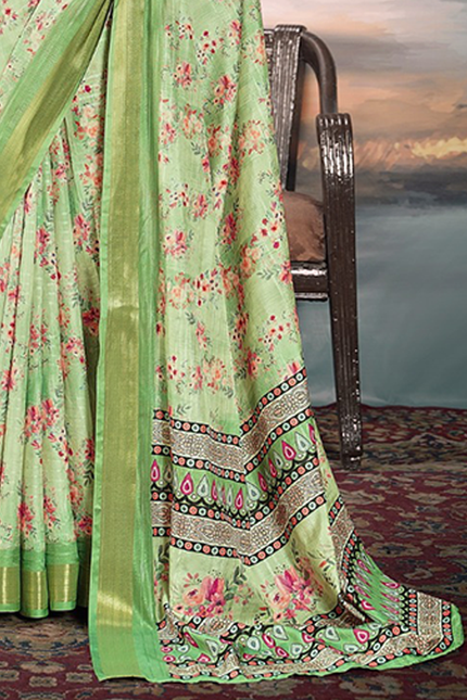 Pure Cotton Silk,Digital Print Organza Saree (Green)