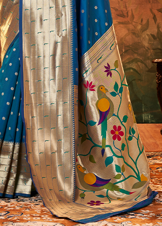 Pure Paithani Silk,Weaving Saree (Blue)