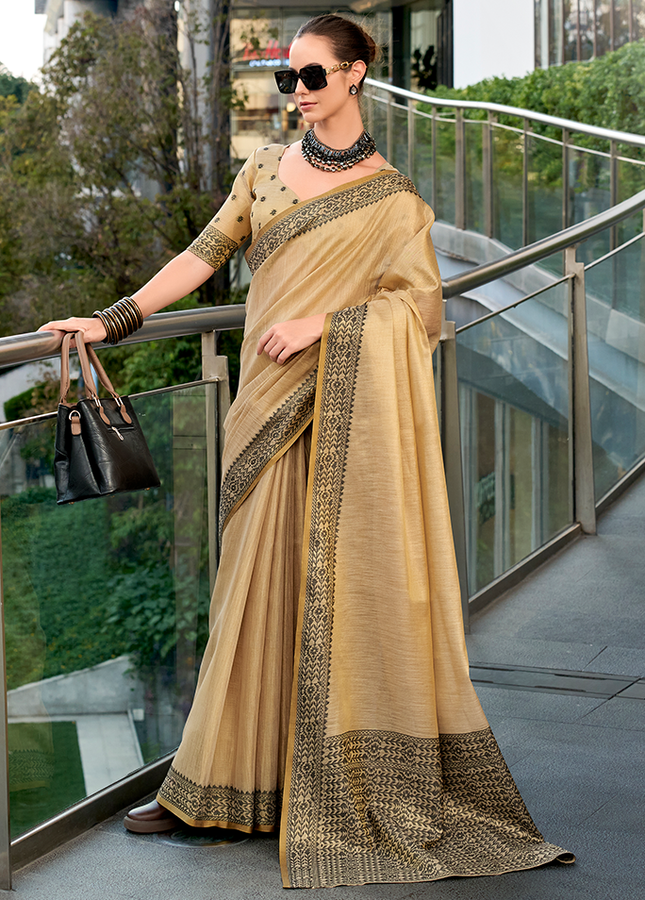 Linen Tissue,Gala Border Saree (Chiku)