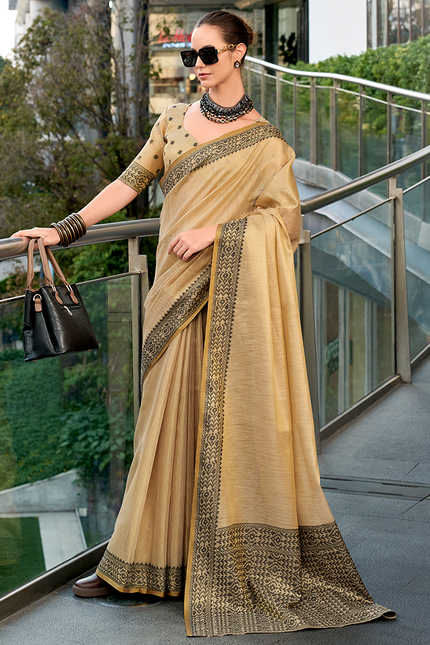 Linen Tissue,Gala Border Saree (Chiku)