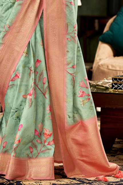 Digital Print, Soft silk Weaving Pallu Saree (Pista)