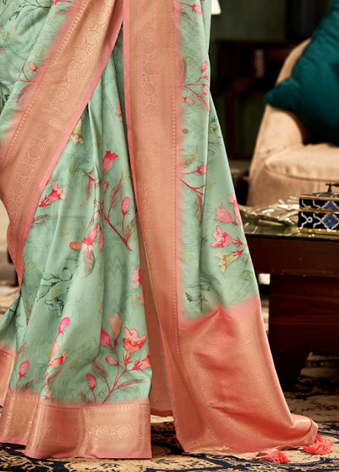 Digital Print, Soft silk Weaving Pallu Saree (Pista Green)
