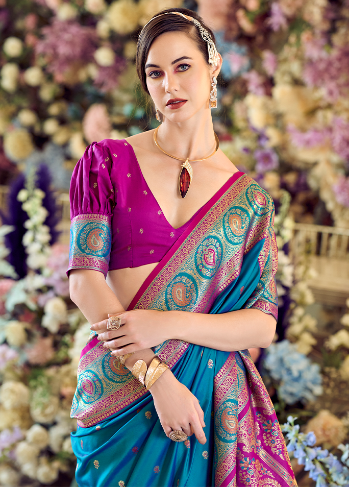 Minakari Paithani, Pure Soft Banarasi Silk Saree (Blue)