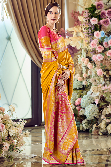 Minakari Paithani,Pure Soft Banarasi Silk Saree (Yellow)