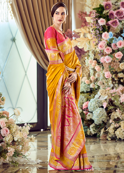 Minakari Paithani,Pure Soft Banarasi Silk Saree (Yellow)