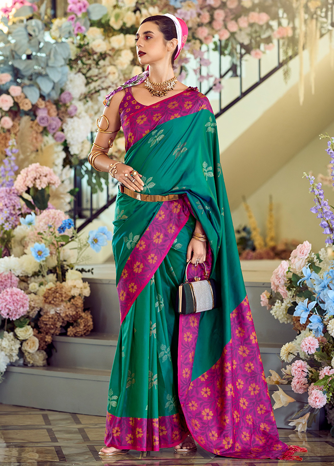 Ikkat Border, Soft silk Contrast pallu Saree (Teal Green)