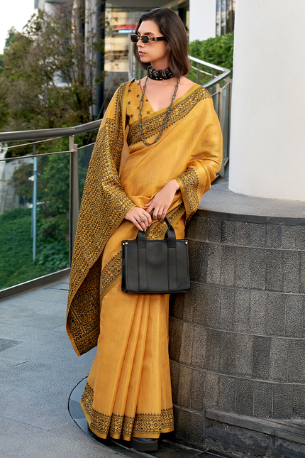 Linen Tissue,Gala Border Saree (Mustard)