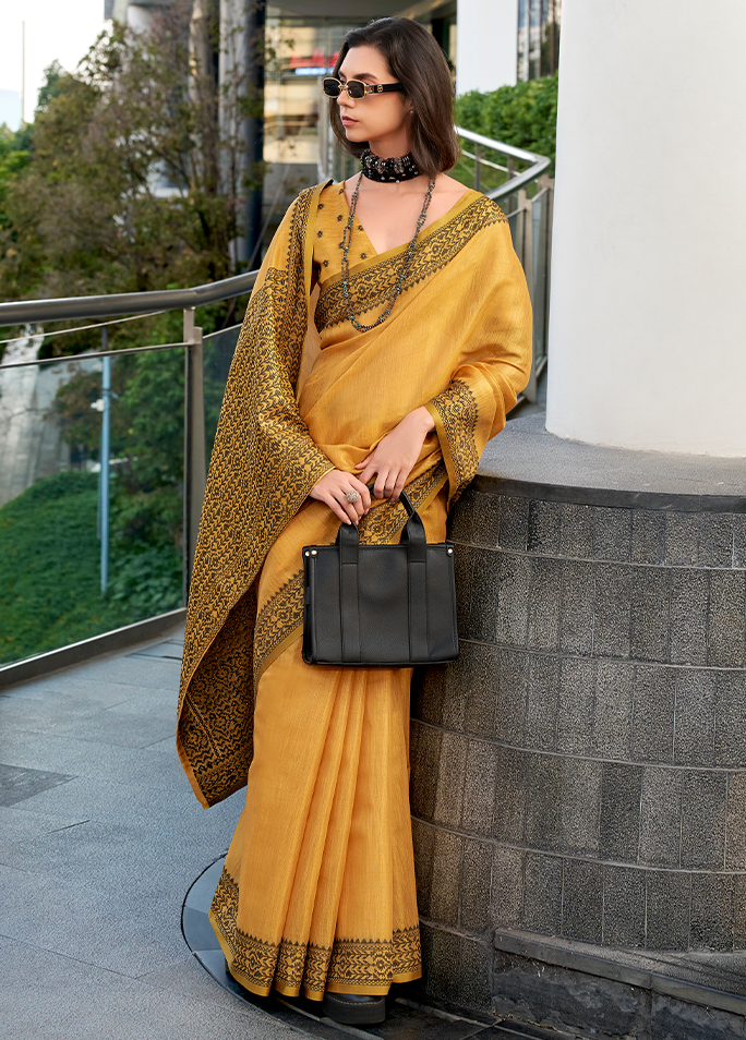 Linen Tissue, Gala Border Saree (Mustard)