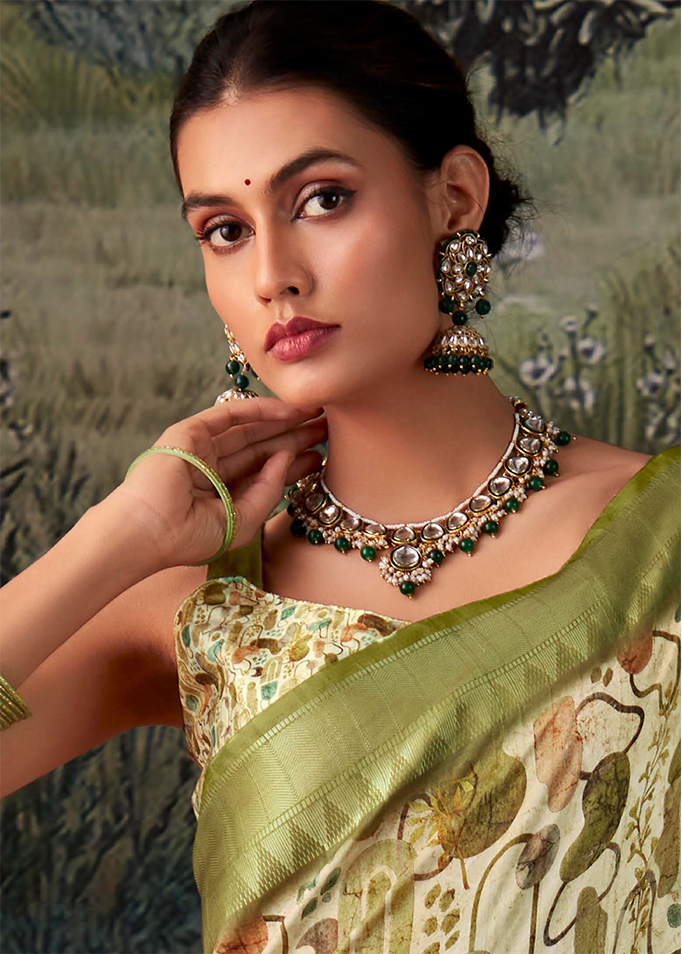 Geometric Digital Print Saree (Olive Green)