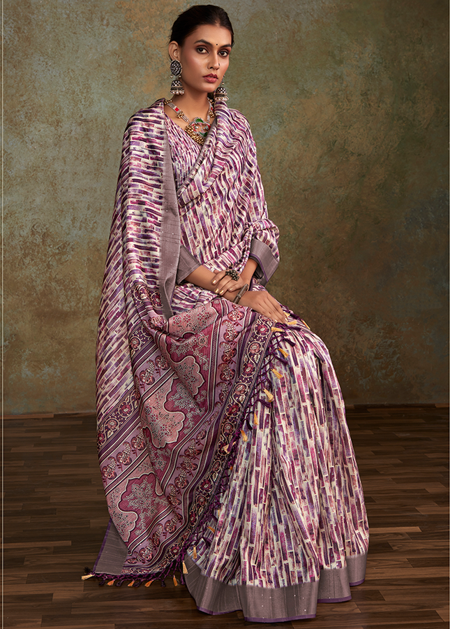 Handloom with All Over Print, Sequence Weaving Saree (Purple)