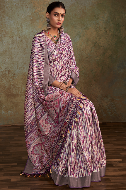 Handloom with All Over Print, Sequence Weaving Saree (Purple)