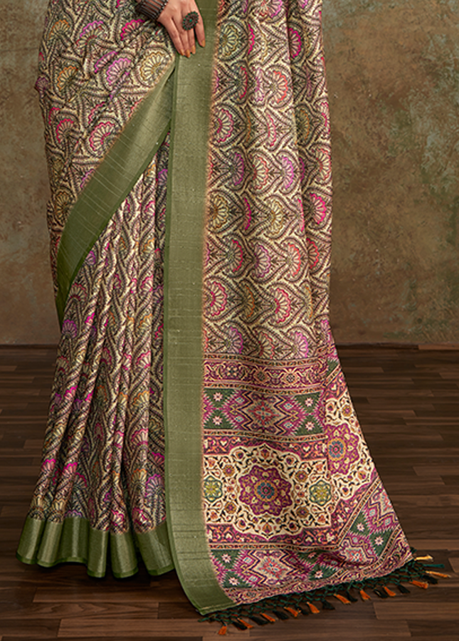 Handloom with All Over Print, Sequence Weaving Saree (Green)