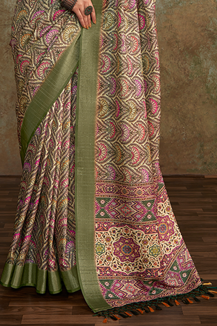 Handloom with All Over Print, Sequence Weaving Saree (Green)