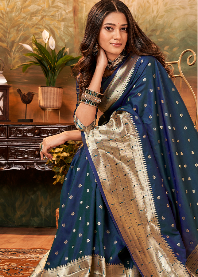Pure Paithani Silk,Weaving Saree (Blue)