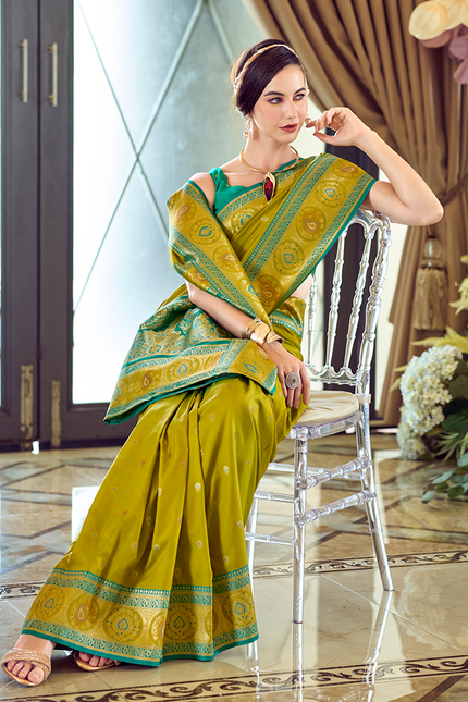 Minakari Paithani,Pure Soft Banarasi Silk Saree (Green)