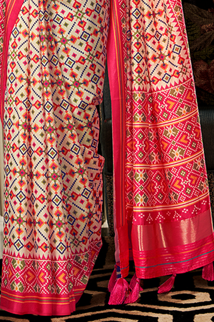 Bandhan Patola,Handloom Silk Saree (Cream & Red)
