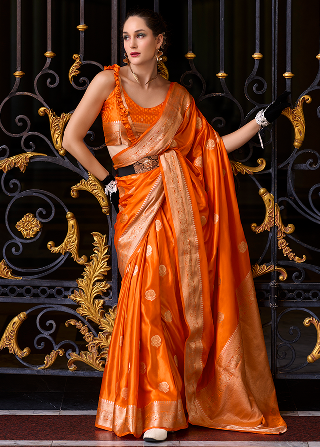 Weaving,Rich Pallu,Satin Mugha Silk Saree(Orange)
