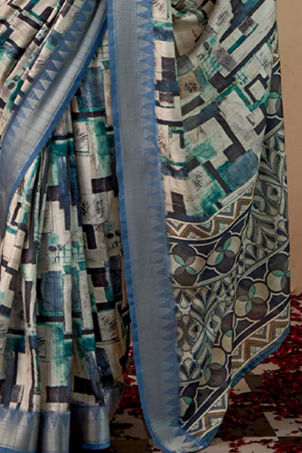 Geometric Print,Digital Saree (Grey)