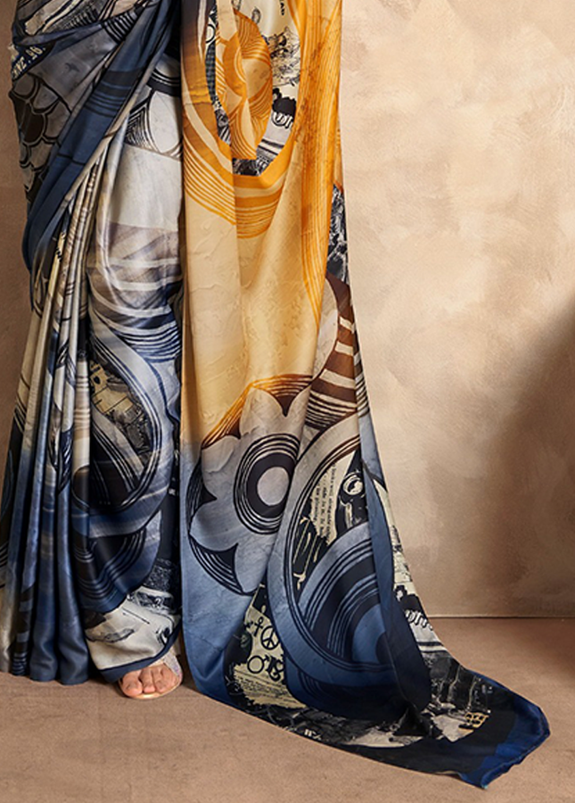 Fancy Print,Crape Silk Saree (Yellow)