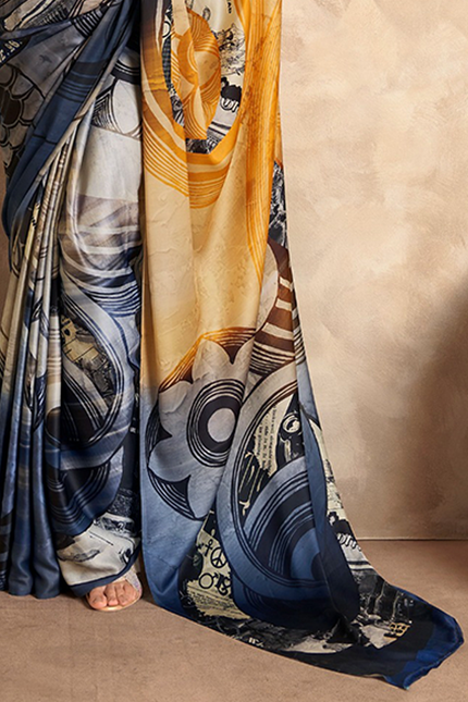 Fancy Print,Crape Silk Saree (Yellow)