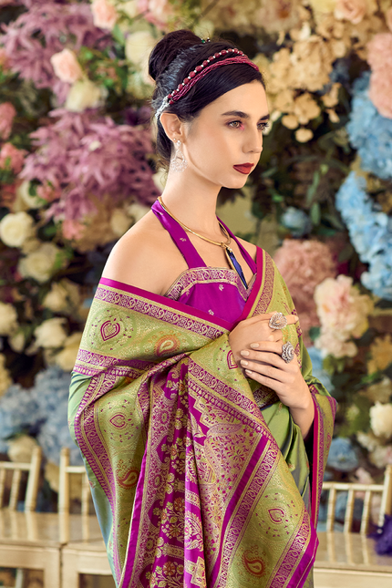 Minakari Paithani,Pure Soft Banarasi Silk Saree (Green)