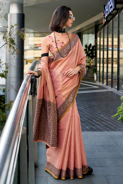 Linen Tissue,Gala Border Saree (Pink Mist)
