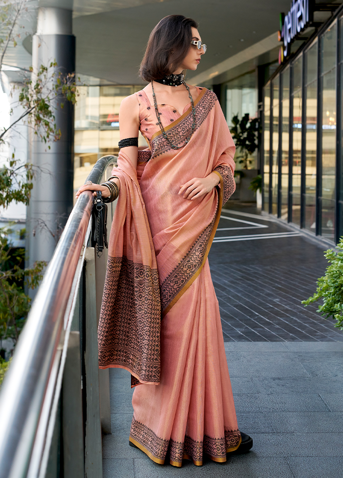 Linen Tissue, Gala Border Saree (Pink Mist)