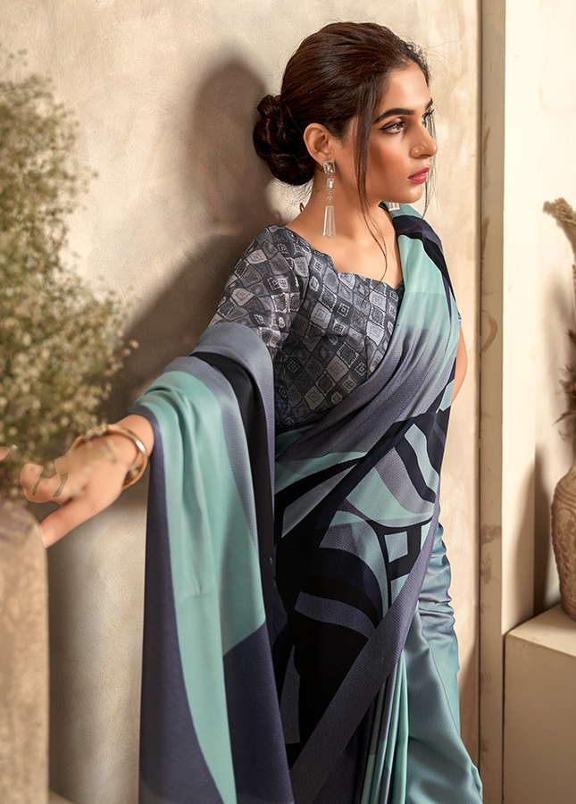 Fancy Print,Crape Silk Saree (Baby Blue)