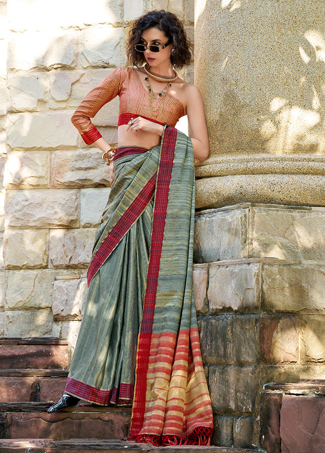 Handloom Katan Saree (Olive Green)
