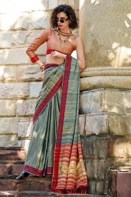 Handloom Katan Saree (Olive Green)