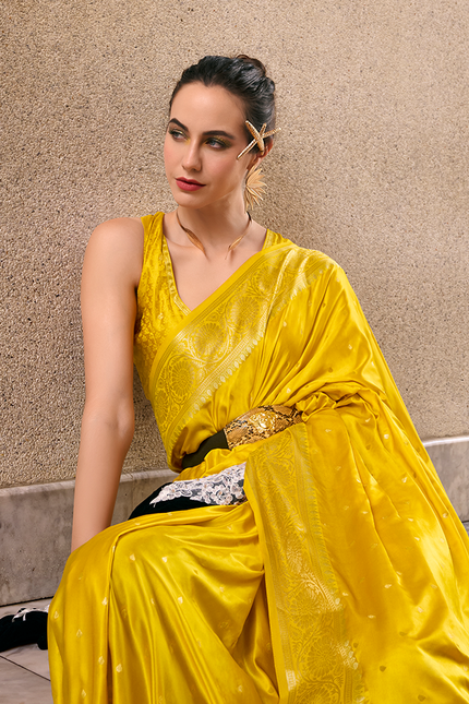Weaving,Rich Pallu,Satin Mugha Silk Saree(Yellow)