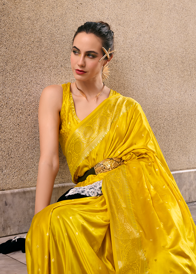 Weaving,Rich Pallu,Satin Mungha Silk Saree (Yellow)