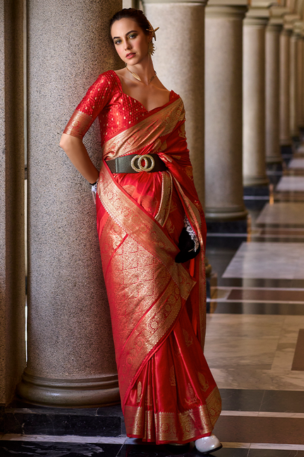 Weaving,Rich Pallu,Satin Mugha Silk Saree(Red)