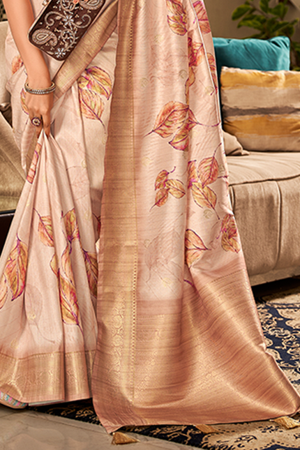 Digital Print, Soft silk Weaving Pallu Saree (Chiku)