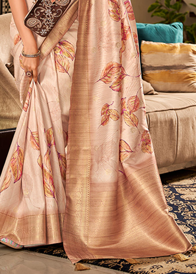 Digital Print, Soft silk Weaving Pallu Saree (Light Chiku)