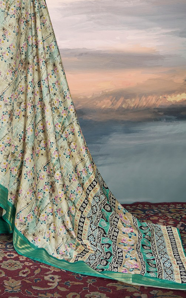 Pure Cotton Silk,Digital Print Organza Saree (Green)