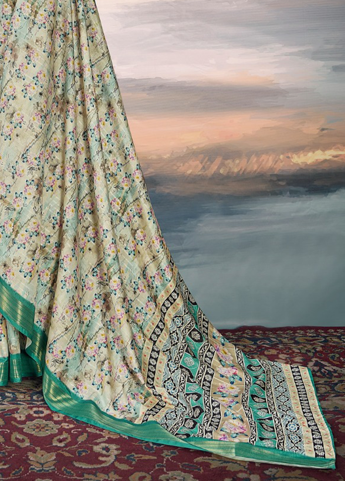 Pure Cotton Silk,Digital Print Organza Saree (Green)