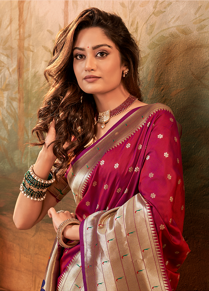 Pure Paithani Silk,Weaving Saree (Magenta)