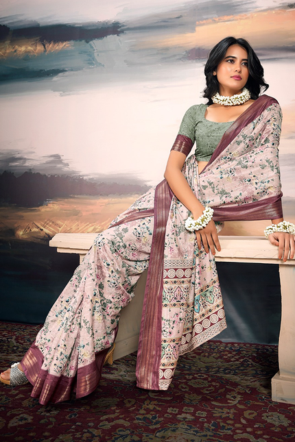 Pure Cotton Silk,Digital Print Organza Saree (Pink)