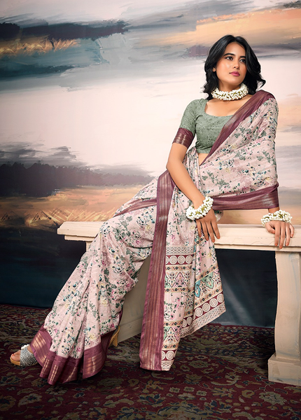 Pure Cotton Silk,Digital Print Organza Saree (Pink)