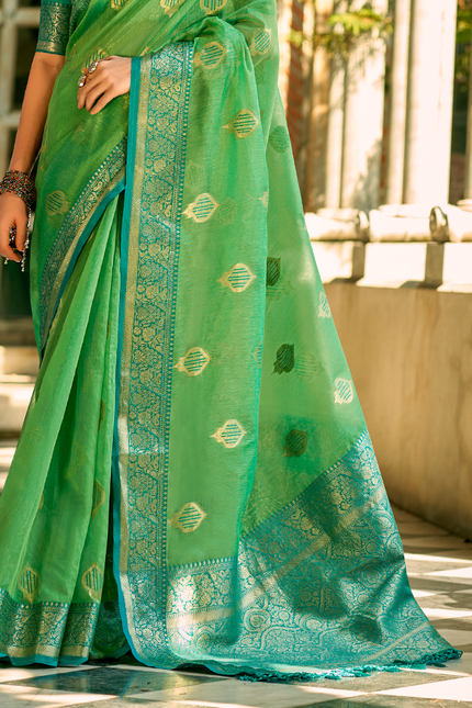 Weaving,Rich Pallu,Tissue Silk Saree (Green)