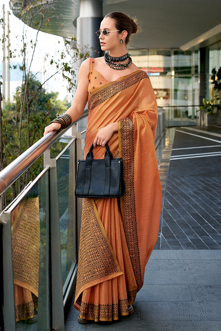 Linen Tissue,Gala Border Saree (Orange)