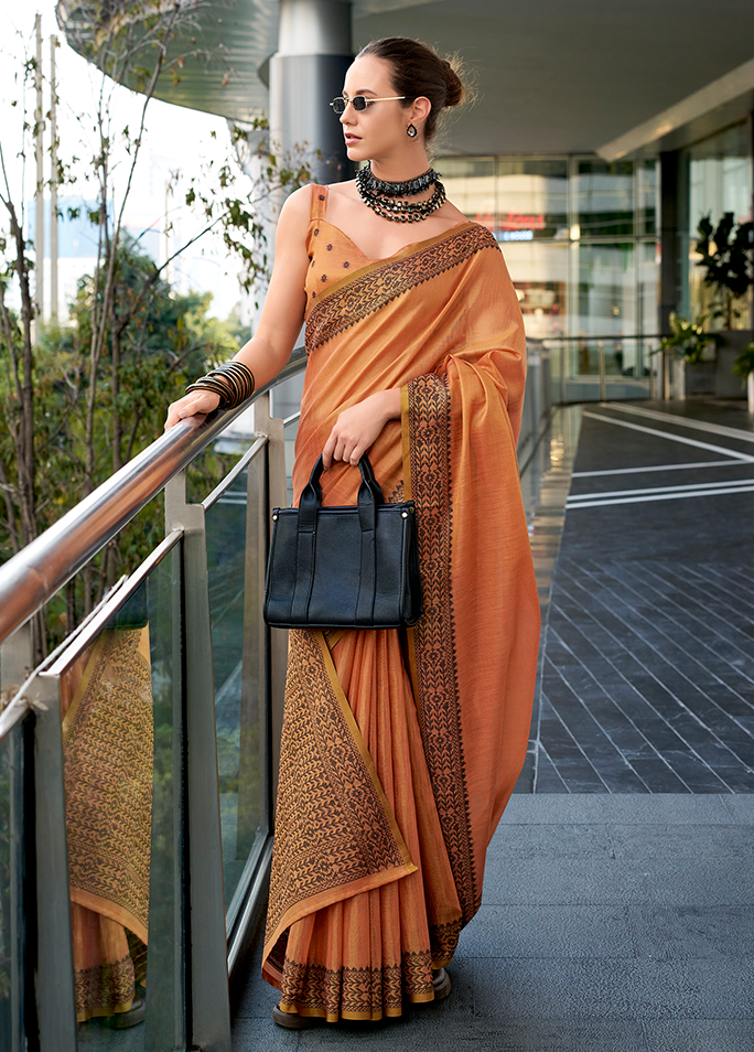 Linen Tissue, Gala Border Saree (Orange)
